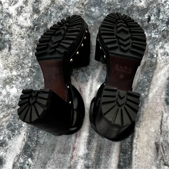 ZARA Anklestrap Wooden Clogs Black LEATHER SANDALS with Studs Size 38 - Picture 10 of 11